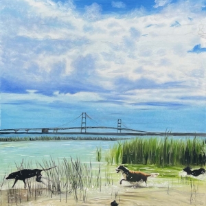 Three Dogs Playing in Lake Michigan Near the Mackinac Bridge (Canvas Print)