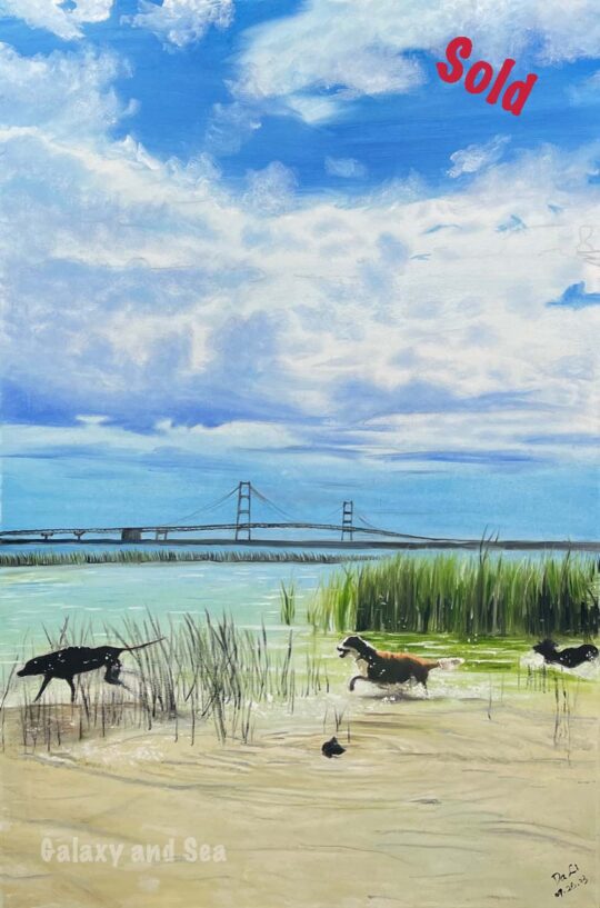 Three Dogs Playing in Lake Michigan Near the Mackinac Bridge (Oil, 24x36 inches)