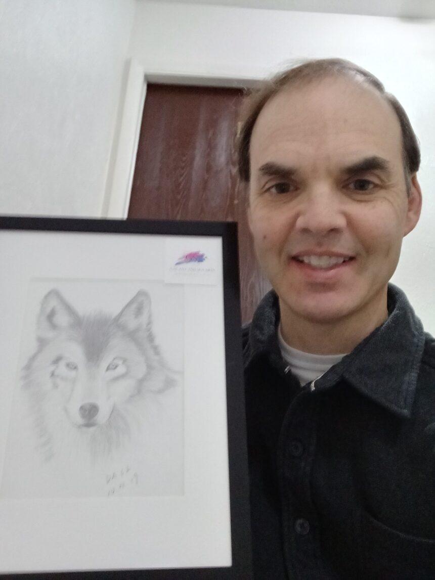 Scott received the pencil drawing, The Wolf.
